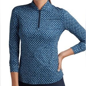 New Peter Millar Women's Navy Ocean Ikat Lightweight Zip Sun Shirt